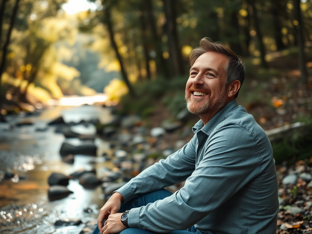 A man sitting next to a stream looking hopeful 