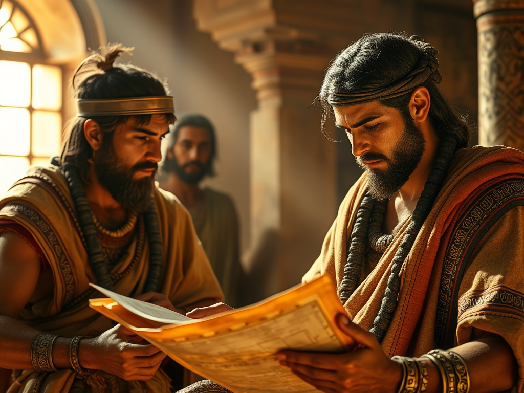 ancient people reading papyrus scrolls