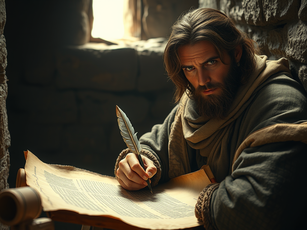 biblical man in prison writing on a scroll
